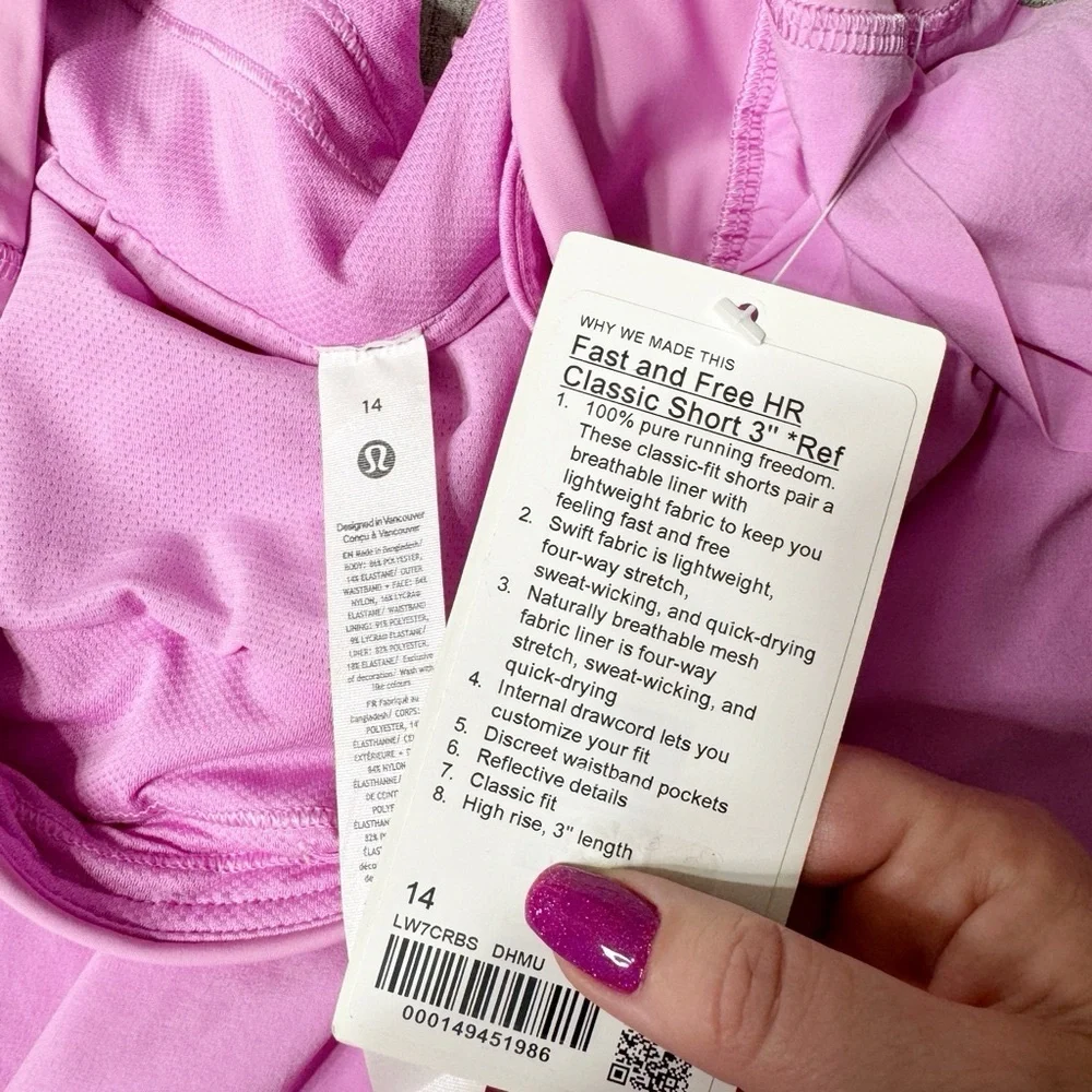 Lululemon Fast & Free High Rise Classic Shorts Dahlia Mauve Reflective 14 NWT - Picture 7 of 8